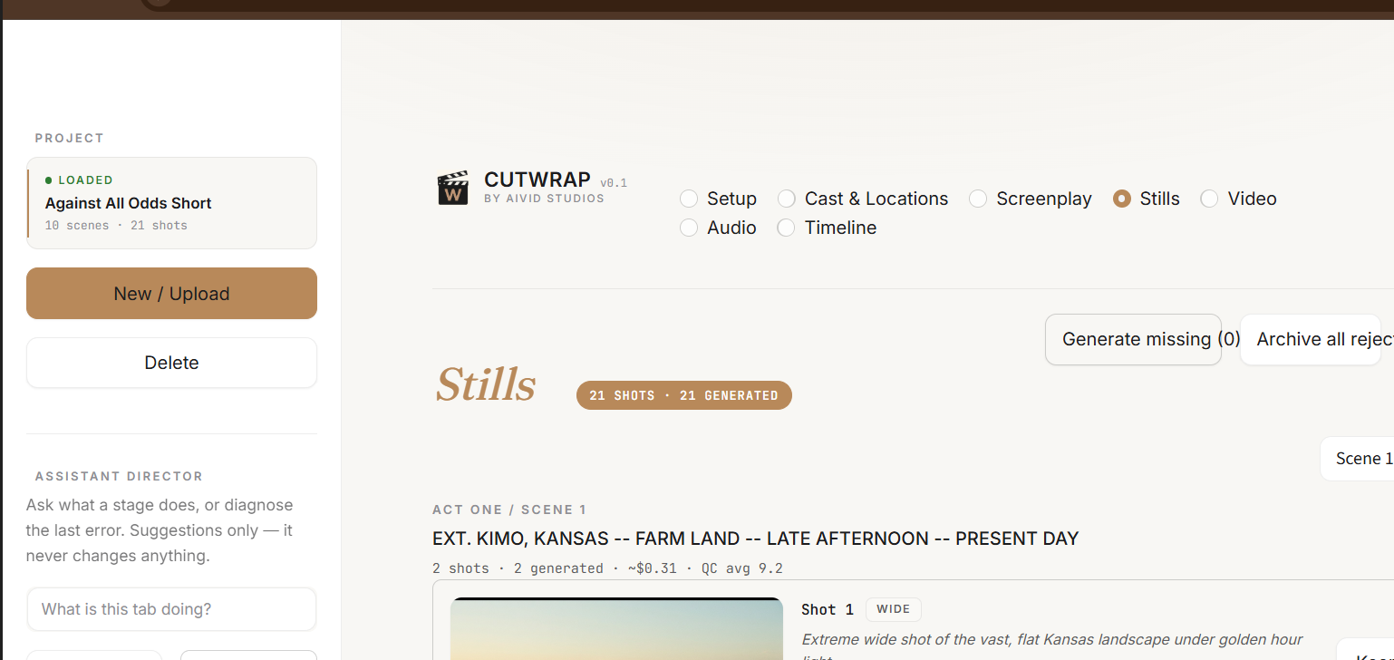 CUTWRAP — generated stills with QC scores per shot